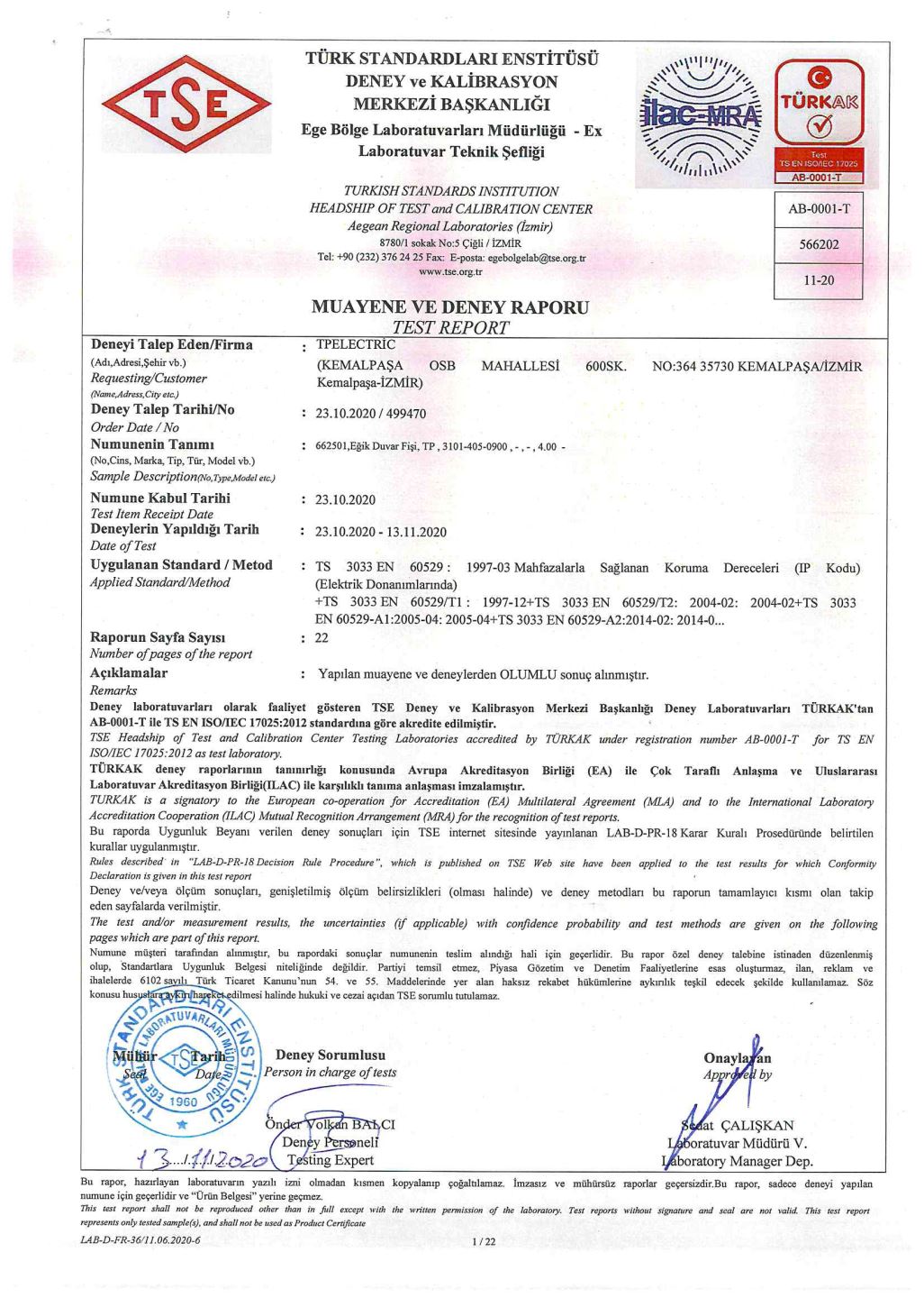 IP 68 - Eğik Duvar Fişi Test Raporu