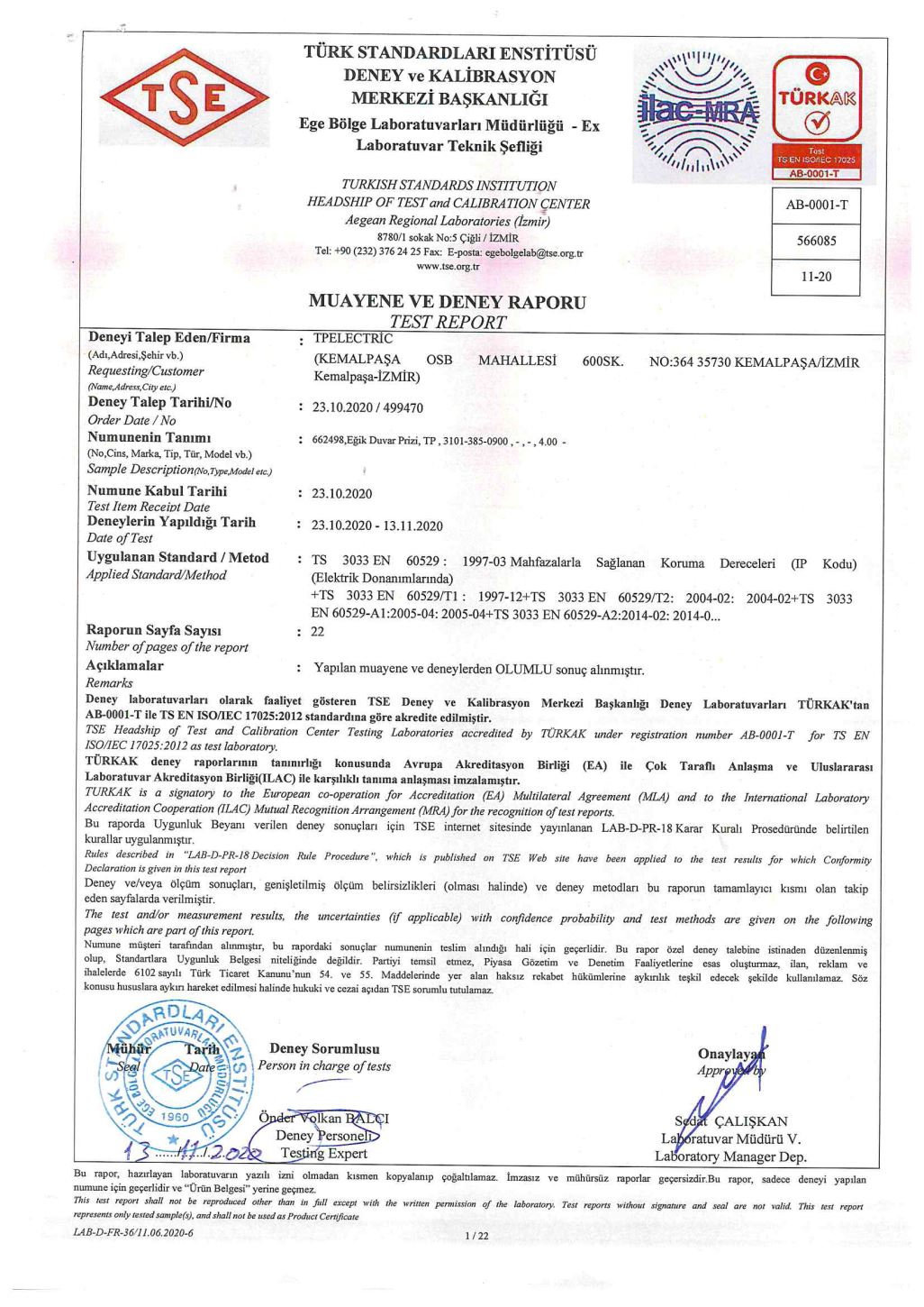 IP 68 - Eğik Duvar Prizi Test Raporu