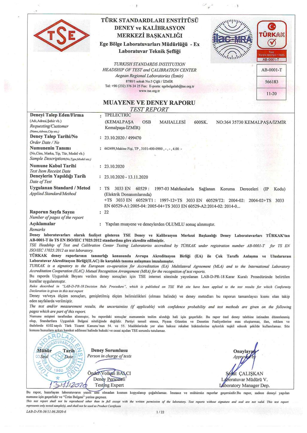 IP 68 - Makine Fişi Test Raporu