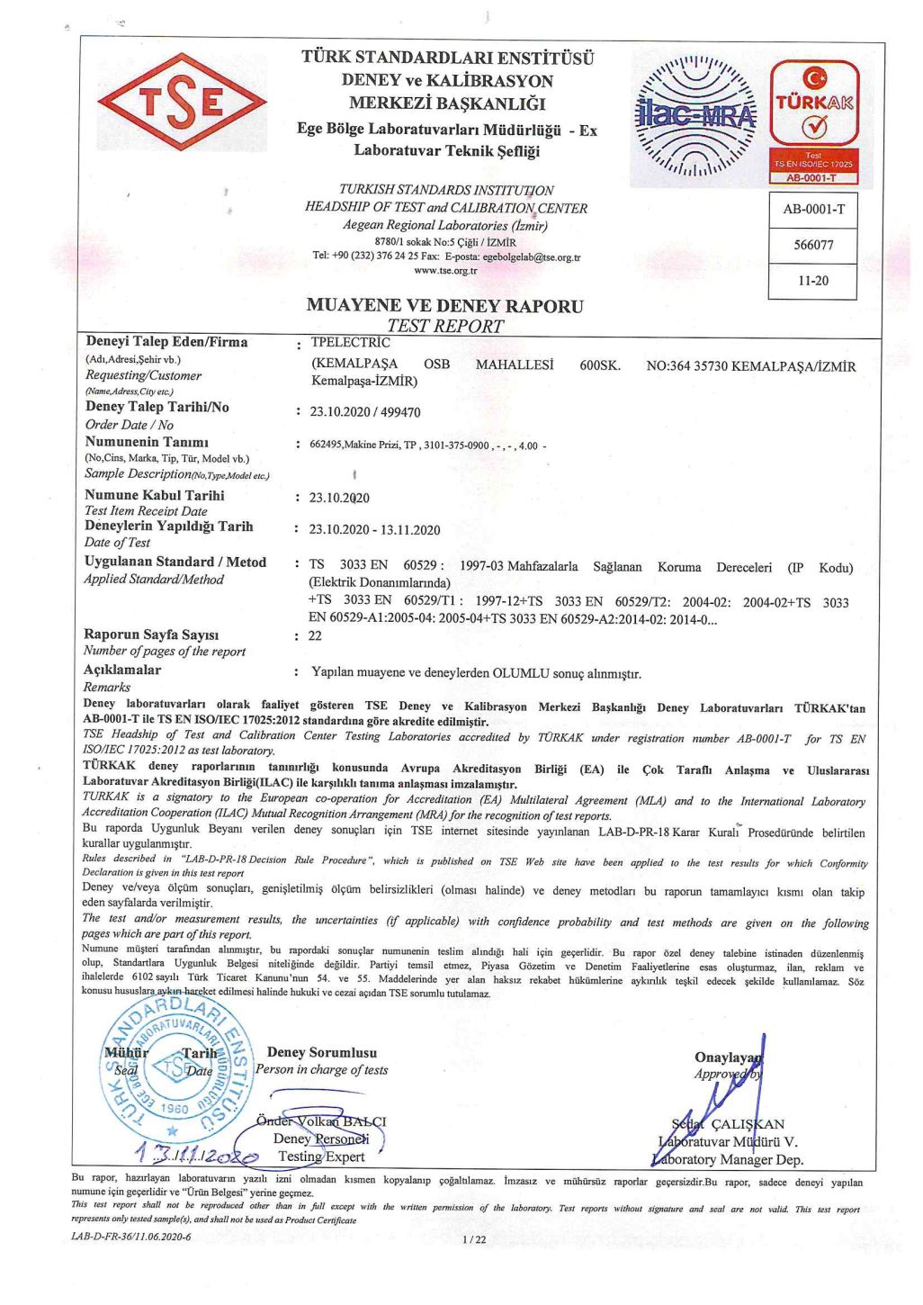 IP 68 - Makine Prizi Test Raporu