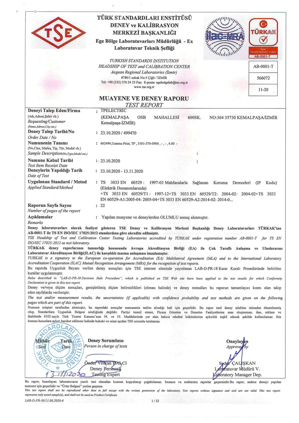 IP 68 - Uzatma Prizi Test Raporu