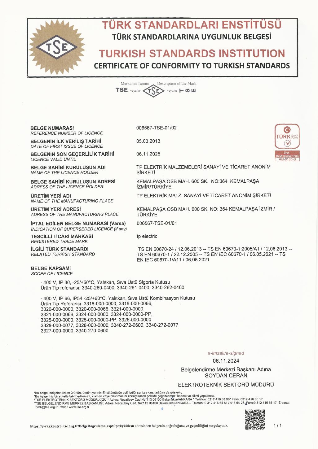 TSE - Kombinasyon Kutuları