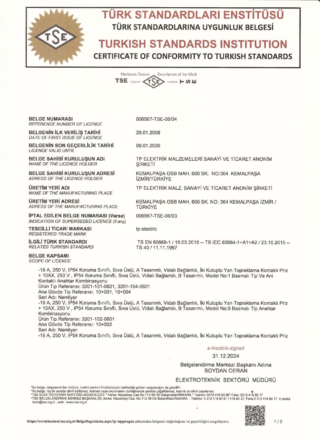 TSE - Nemliyer Anahtar ve Prizleri