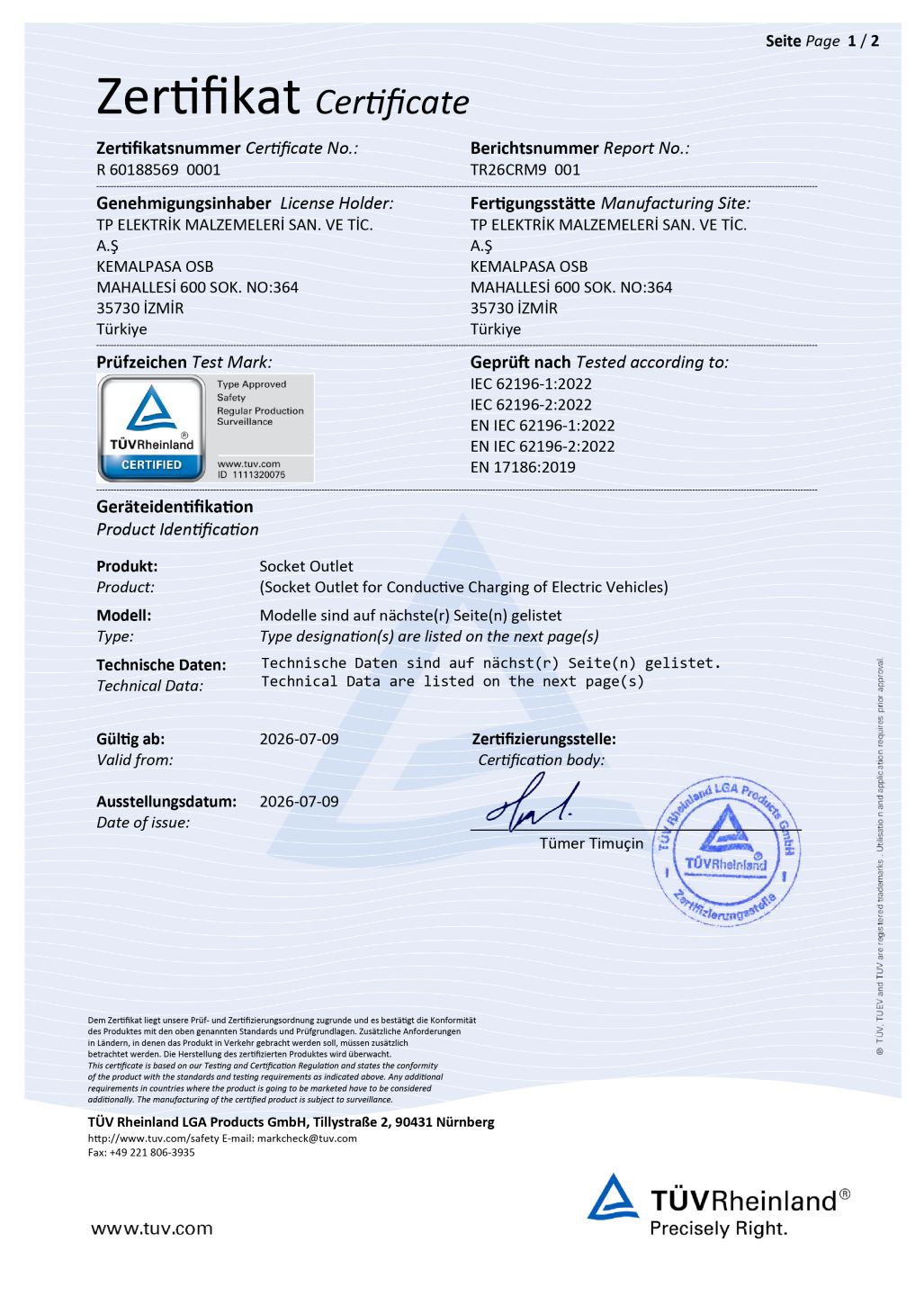 TÜV - Araç Şarj Prizleri