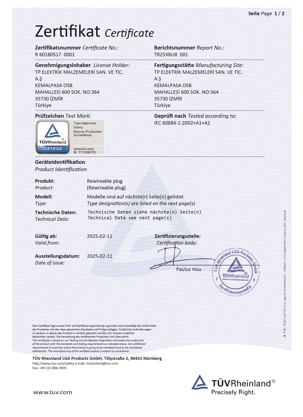 TÜV - Pro Serisi Rakorlu Düz Fişler